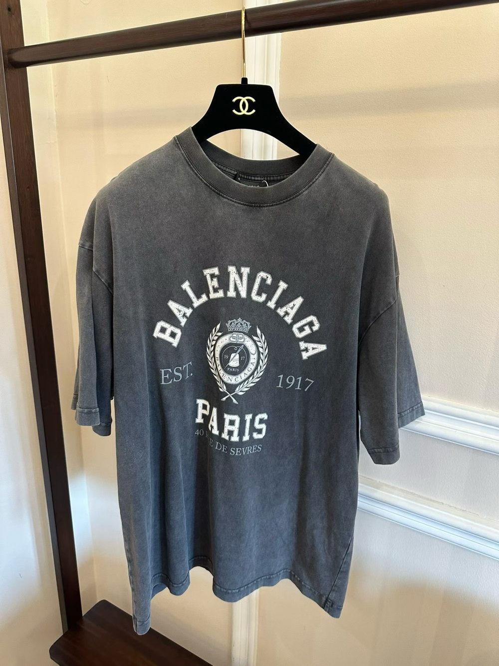 Balenciaga Gray Washed Paris Crest Short Sleeve Tee